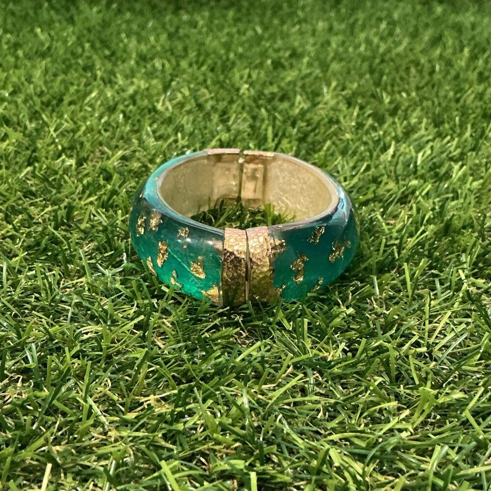 Teal Green Lucite Gold Fleck Hinged Bangle Bracelet Wide Gold Tone Statement